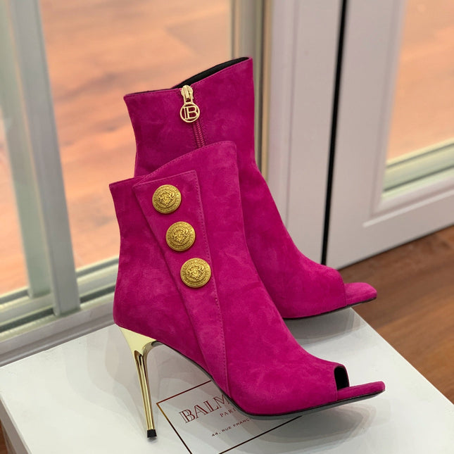 BALMAIN 26S OPEN-TOE BOOTS 95 MM IN DARK PINK SUEDE