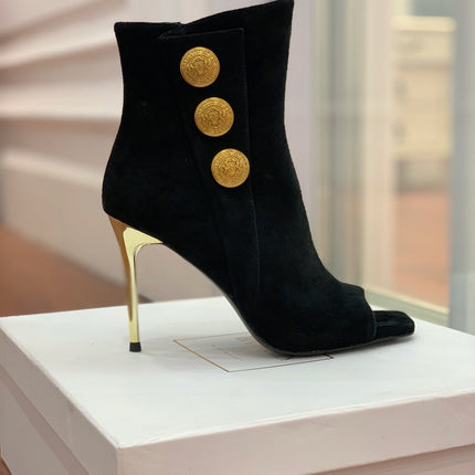 BALMAIN 26S OPEN-TOE BOOTS 95 MM IN BLACK SUEDE
