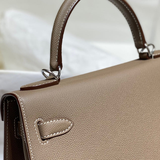 KELLY 28CM IN ETOUPE EPSOM CALFSKIN SILVER HARDWARE