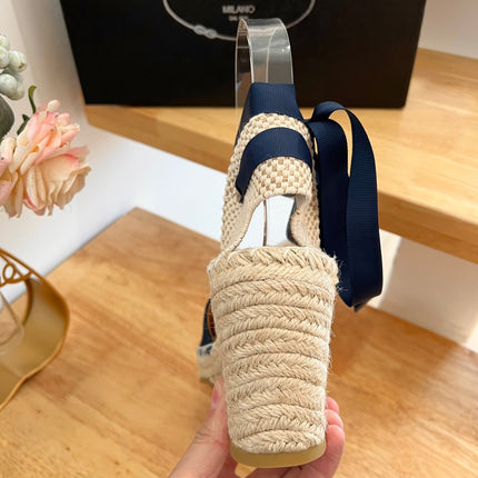 PRADA 26S ESPADRILLE HIGH HEEL SANDALS IN NAVY DENIM WITH LOGO