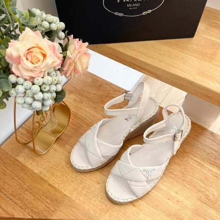 PRADA 26S CROSS STRAP ESPADRILLE WEDGE SANDALS IN CREAM WHITE CALFSKIN