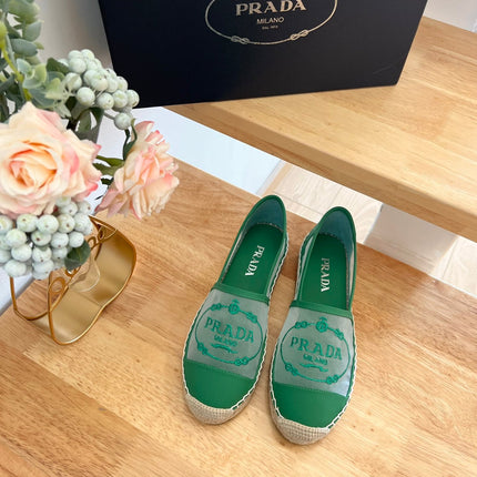PRADA 26S EMBROIDERED LOGO ESPADRILLE FLATS IN GREEN MESH AND CALFSKIN