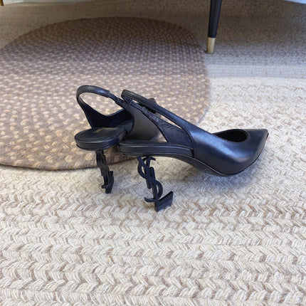 OPYUM BLACK HEEL SLINGBACK PUMPS IN BLACK SMOOTH LAMBSKIN