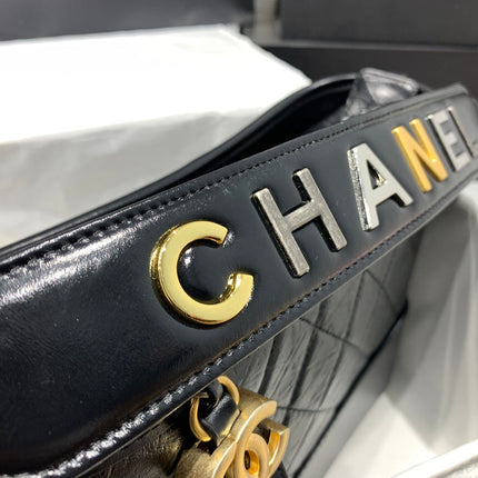 HOBO BAG 25 WITH STRAP IN BLACK CALFSKIN GOLD AND SILVER HARDWARE