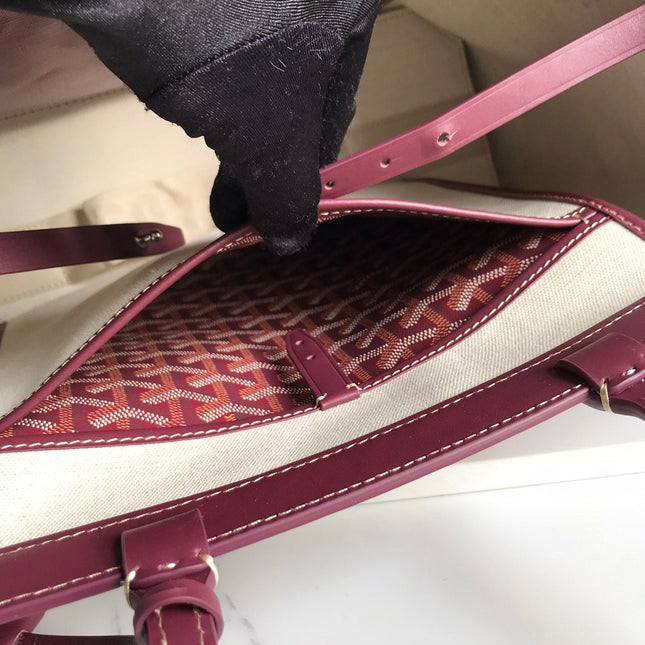 BELLECHASSE BIAUDE PM BAG 36 IN WINE RED GOYARDINE CANVAS AND CALFSKIN TRIM