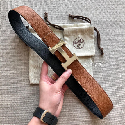 HM BELT BUCKLE & REVERSIBLE BLACK AND BRONZE BROWN LEATHER STRAP 38MM