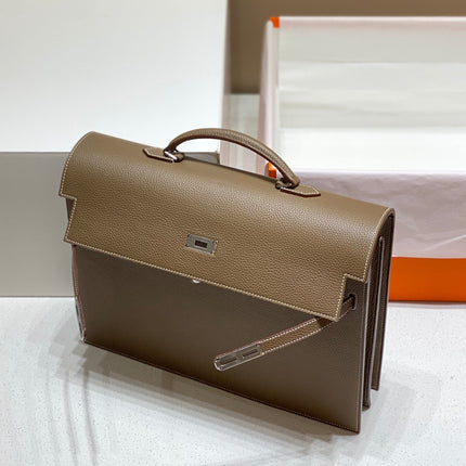 KELLY DEPECHES 38 BRIEFCASE IN ETOUPE TOGO CALFSKIN SILVER HARDWARE