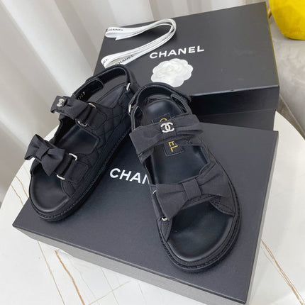 CHANEL 26S SANDALS IN BLACK FABRIC BOW EMBELLISHMENT