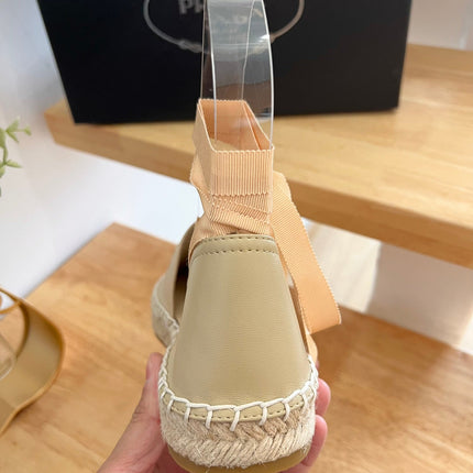 PRADA 26S LACE UP ESPADRILLE FLATS IN BEIGE CALFSKIN