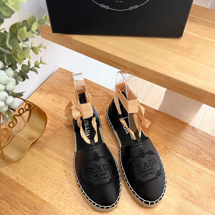 PRADA 26S LACE UP ESPADRILLE FLATS IN BLACK CALFSKIN