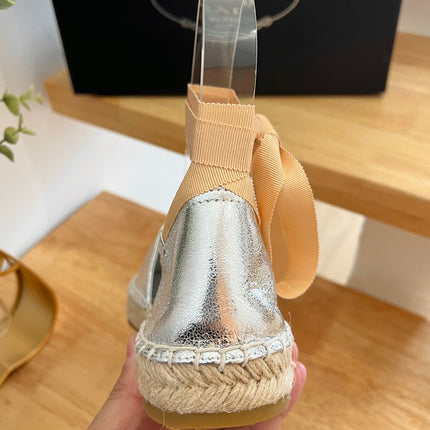 PRADA 26S LACE UP ESPADRILLE FLATS IN SILVER CALFSKIN