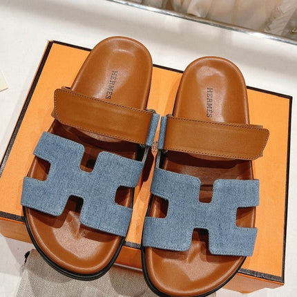 SANDAL BRIGHT BROWN LAMBSKIN AND BLUE DENIM