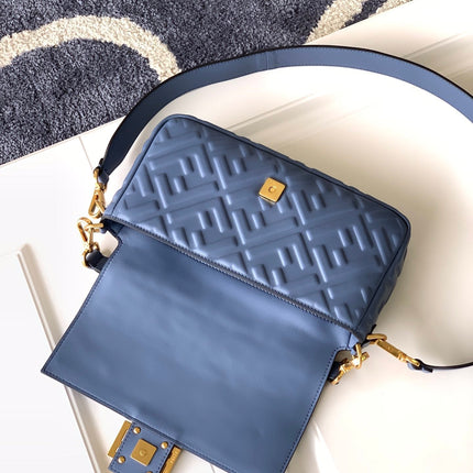 Fend Baguette 27 Bag With FF Motif Blue Leather Ghw