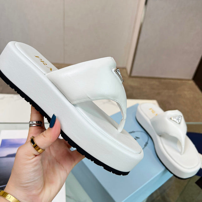 PRA SOFT PADDED NAPPA THONG WEDGE SANDALS WHITE LAMBSKIN