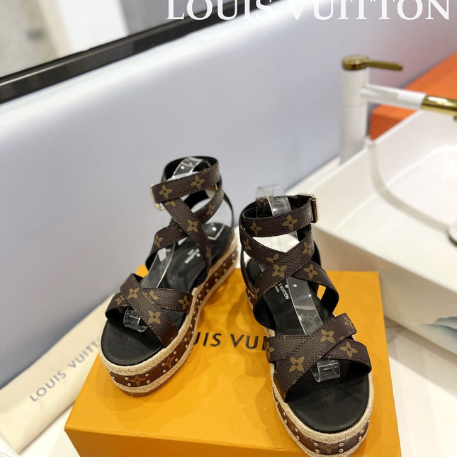 LV 26S STUDDED WEDGE SANDALS 70 MM IN DARK BROWN COATED CANVAS