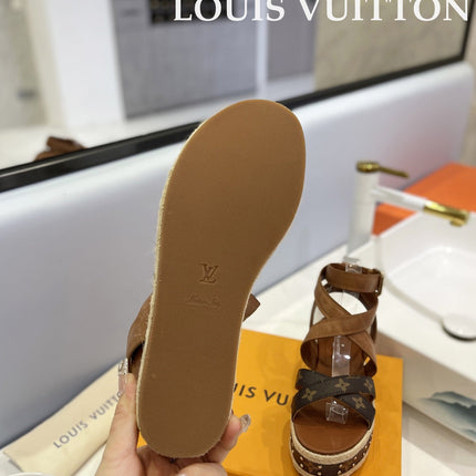 LV 26S STUDDED WEDGE SANDALS 70 MM IN BROWN COATED CANVAS AND LAMBSKIN