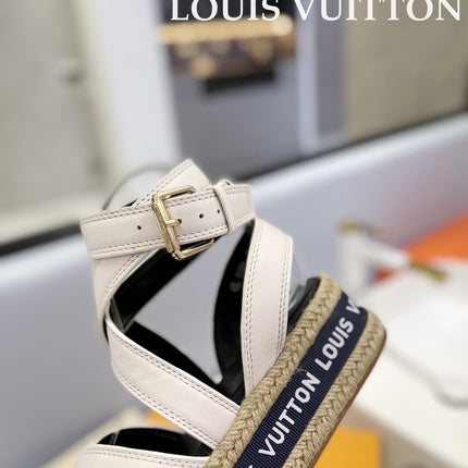 LV 26S WEDGE SANDALS 70 MM IN WHITE AND BLACK LAMBSKIN