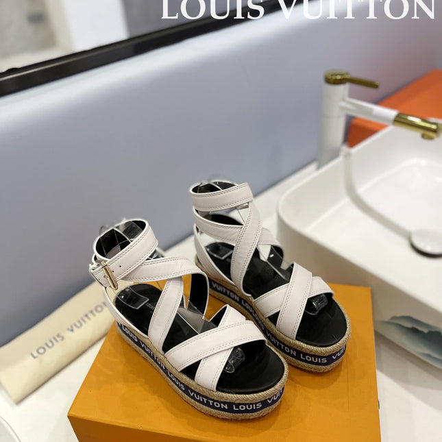 LV 26S WEDGE SANDALS 70 MM IN WHITE AND BLACK LAMBSKIN