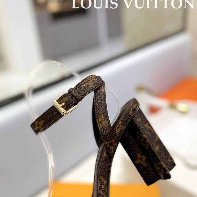 LV 26S HIGH HEEL SANDALS 80 MM IN DARK BROWN MONOGRAM CANVAS WITH STUDS