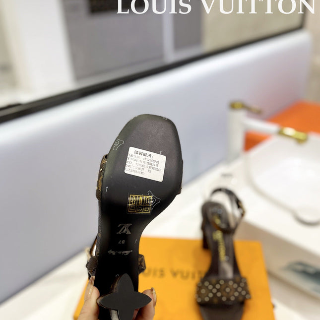 LV 26S HIGH HEEL SANDALS 80 MM IN DARK BROWN MONOGRAM CANVAS WITH STUDS