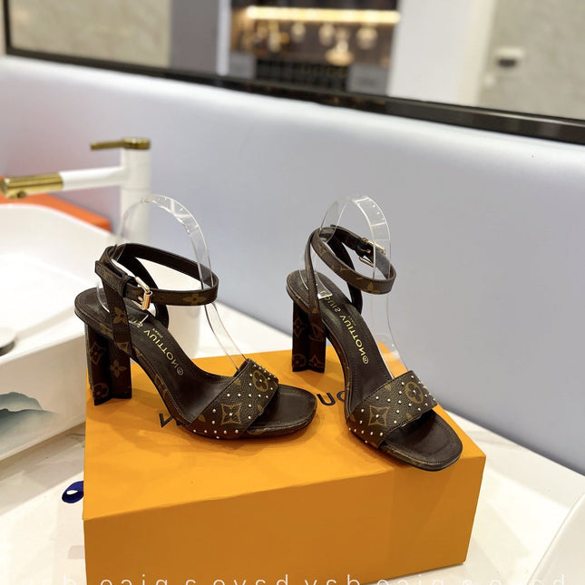 LV 26S HIGH HEEL SANDALS 80 MM IN DARK BROWN MONOGRAM CANVAS WITH STUDS