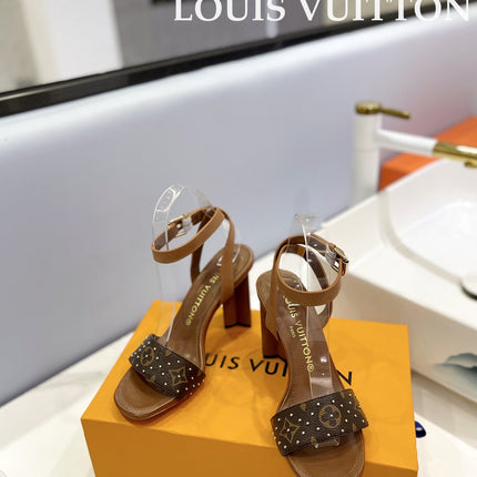 LV 26S HIGH HEEL SANDALS 80 MM IN BROWN MONOGRAM CANVAS WITH STUDS