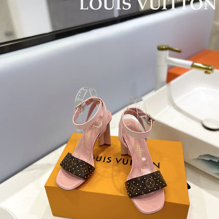 LV 26S HIGH HEEL SANDALS 80 MM IN LIGHT PINK AND DARK BROWN MONOGRAM CANVAS WITH STUDS