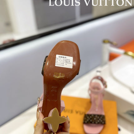 LV 26S HIGH HEEL SANDALS 80 MM IN LIGHT PINK AND DARK BROWN MONOGRAM CANVAS WITH STUDS