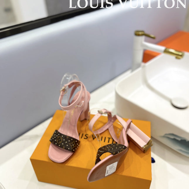 LV 26S HIGH HEEL SANDALS 80 MM IN LIGHT PINK AND DARK BROWN MONOGRAM CANVAS WITH STUDS