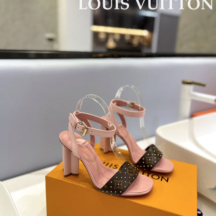 LV 26S HIGH HEEL SANDALS 80 MM IN LIGHT PINK AND DARK BROWN MONOGRAM CANVAS WITH STUDS
