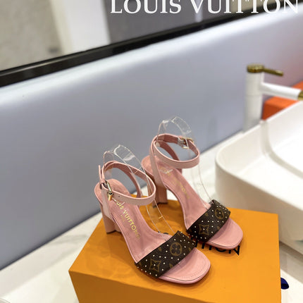 LV 26S HIGH HEEL SANDALS 80 MM IN LIGHT PINK AND DARK BROWN MONOGRAM CANVAS WITH STUDS