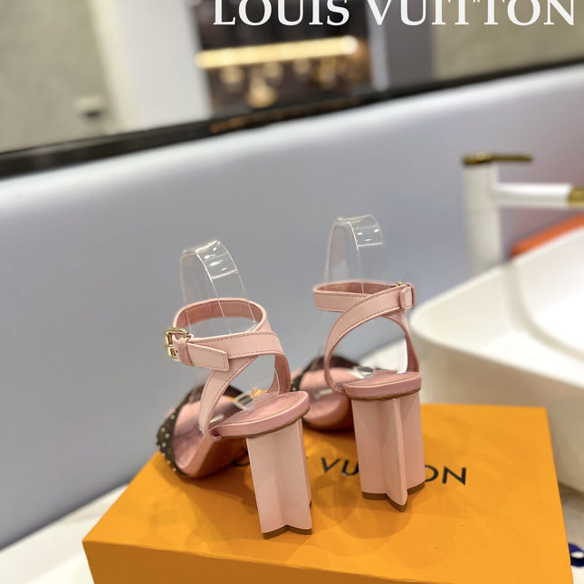 LV 26S HIGH HEEL SANDALS 80 MM IN LIGHT PINK AND DARK BROWN MONOGRAM CANVAS WITH STUDS