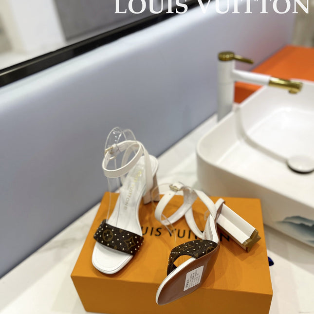 LV 26S HIGH HEEL SANDALS 80 MM IN WHITE AND DARK BROWN MONOGRAM CANVAS WITH STUDS
