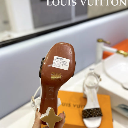 LV 26S HIGH HEEL SANDALS 80 MM IN WHITE AND DARK BROWN MONOGRAM CANVAS WITH STUDS