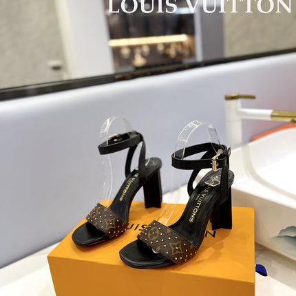 LV 26S HIGH HEEL SANDALS 80 MM IN BLACK AND DARK BROWN MONOGRAM CANVAS WITH STUDS