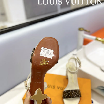 LV 26S HIGH HEEL SANDALS 80 MM IN BEIGE AND DARK BROWN MONOGRAM CANVAS WITH STUDS