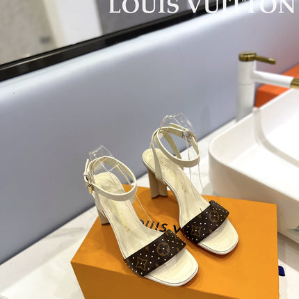 LV 26S HIGH HEEL SANDALS 80 MM IN BEIGE AND DARK BROWN MONOGRAM CANVAS WITH STUDS