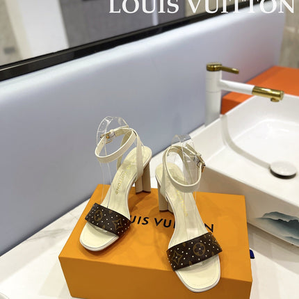 LV 26S HIGH HEEL SANDALS 80 MM IN BEIGE AND DARK BROWN MONOGRAM CANVAS WITH STUDS