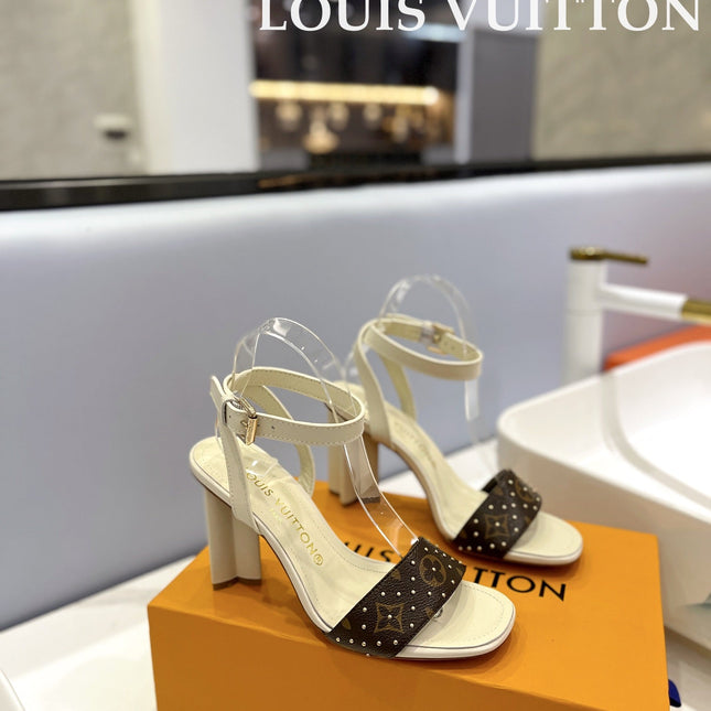 LV 26S HIGH HEEL SANDALS 80 MM IN BEIGE AND DARK BROWN MONOGRAM CANVAS WITH STUDS