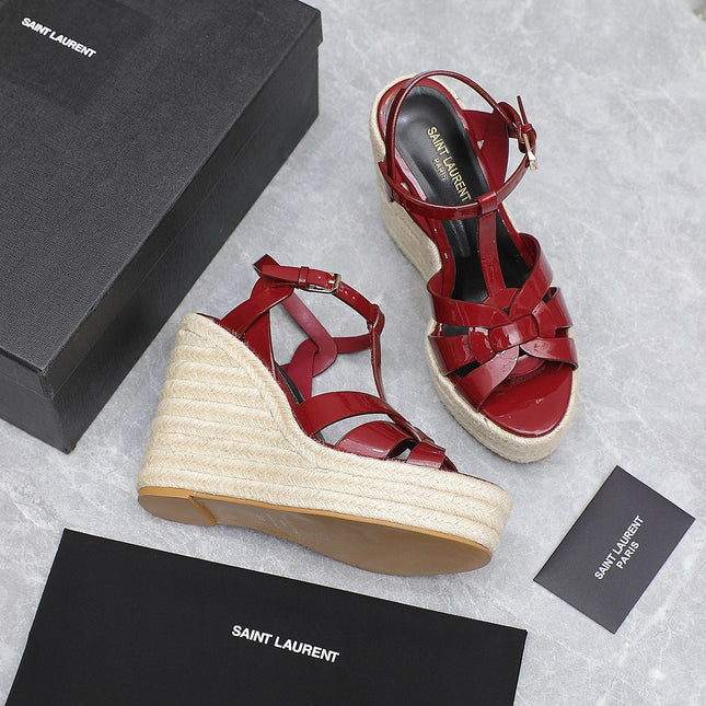 SL TRIBUTE WEDGE SANDALS BERRY POLISHED CALFSKIN