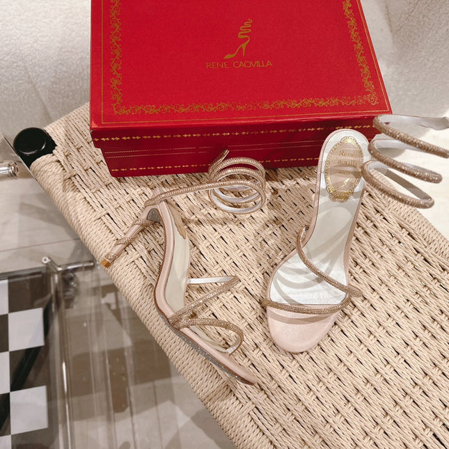 RENE CAOVILLA HIGH HEELS 95MM IN LIGHT PINK CRYSTAL STRAP