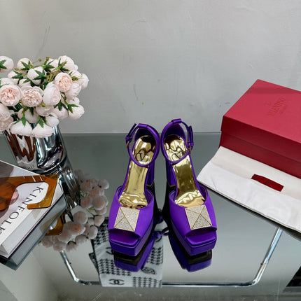 VALENTINO GARAVANI ONE STUD PLATFORM 155MM SANDAL IN PURPLE SATIN