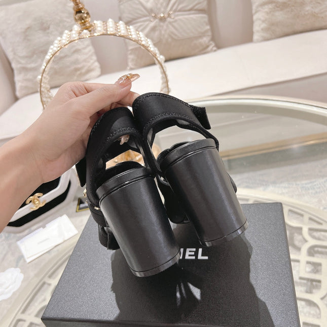 Double C  Xiaoxiang Chain Fabric Head Chunky Heel Sandals Black Lambskin