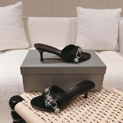 BALENCIAGA 25S HIGH-HEEL SANDALS IN BLACK COW LEATHER WITH RHINESTONE STRAP
