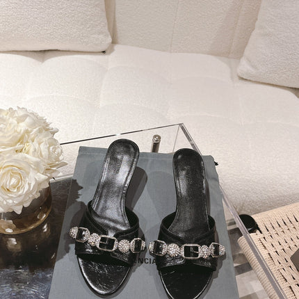 BALENCIAGA 25S HIGH-HEEL SANDALS IN BLACK COW LEATHER WITH RHINESTONE STRAP