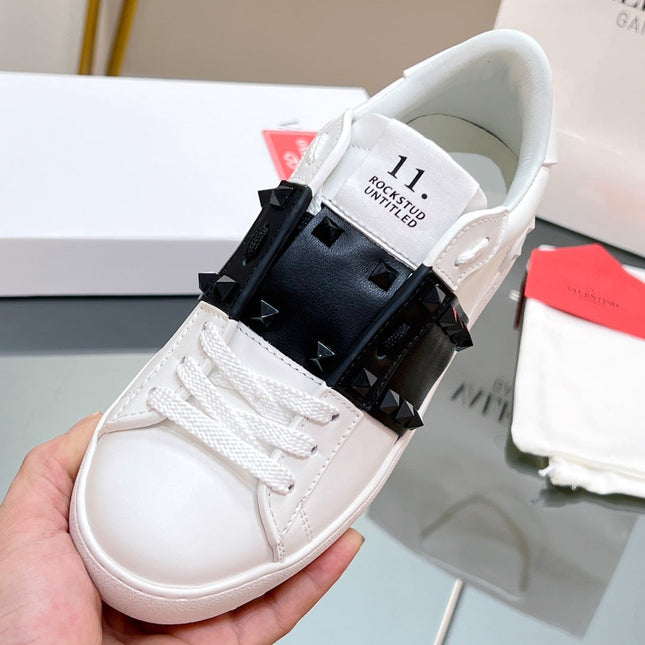 VALENTINO 25S GARAVANI ROCKSTUD UNTITLED STUDDED SNEAKERS IN WHITE MIX BLACK LAMBSKIN