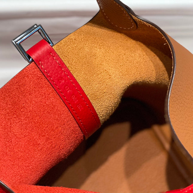 HERMES 25S PICOTIN LOCK 18 IN GOLDEN BROWN AND RED CALFSKIN SILVER HARDWARE