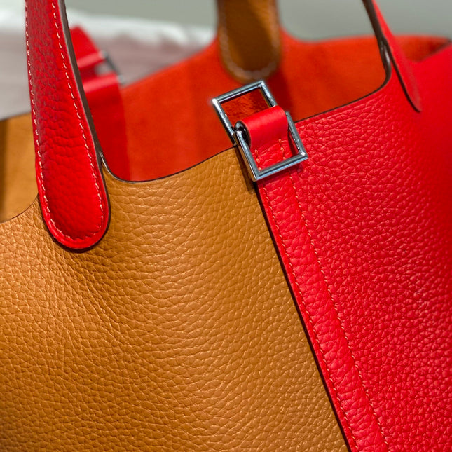 HERMES 25S PICOTIN LOCK 18 IN GOLDEN BROWN AND RED CALFSKIN SILVER HARDWARE