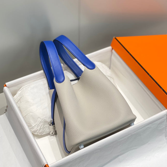 HERMES 25S PICOTIN LOCK 18 IN PEARL GRAY AND ELECTRIC BLUE CALFSKIN SILVER HARDWARE
