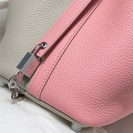 HERMES 25S PICOTIN LOCK 18 IN PINK AND LIGHT GRAY CALFSKIN SILVER HARDWARE